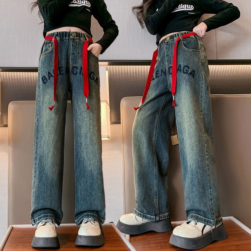 女童秋裝褲子2023新款時髦兒童秋季寬鬆闊腿褲洋氣女孩春秋牛仔褲