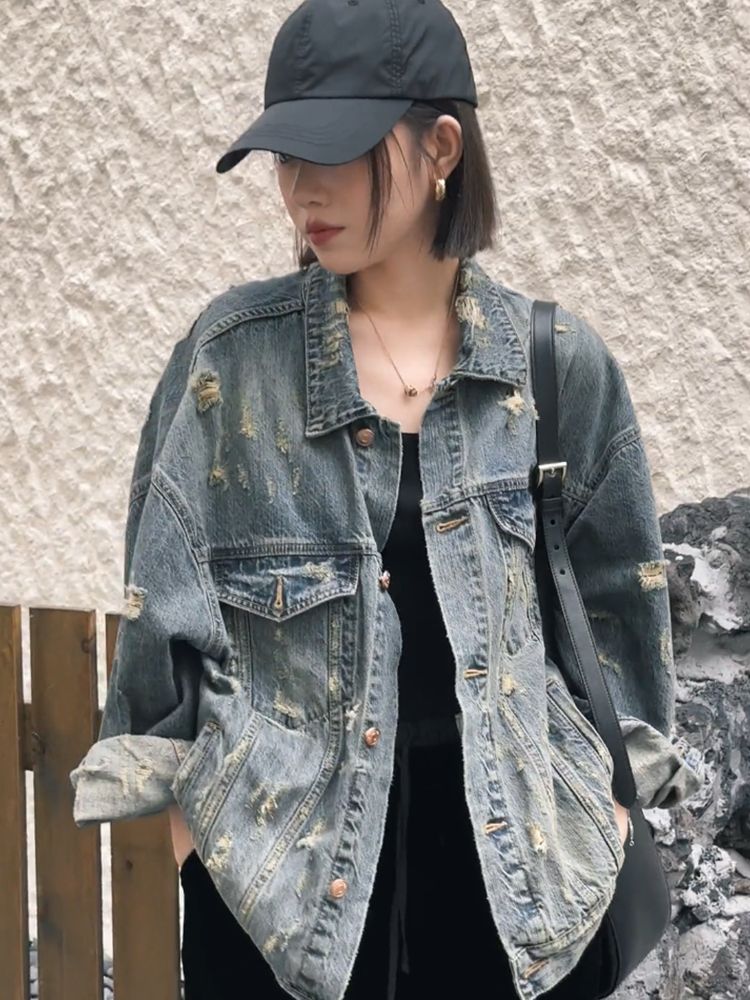 Hong Kong style retro chic blue denim jacket for women spring and autumn retro high street ripped blue unique jacket top