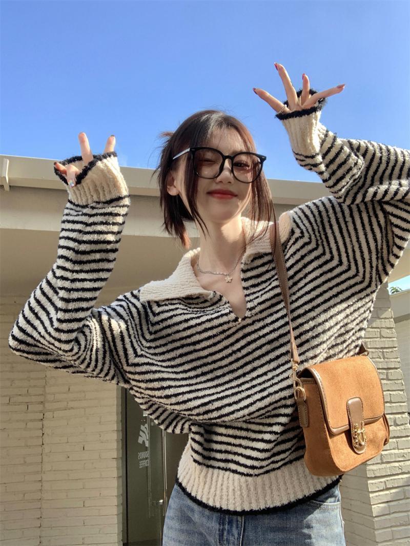 毛衣好看寬鬆顯瘦v領ins高級條紋秋冬條紋針織衫感超氣質領女polo