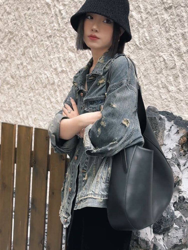 Hong Kong style retro chic blue denim jacket for women spring and autumn retro high street ripped blue unique jacket top