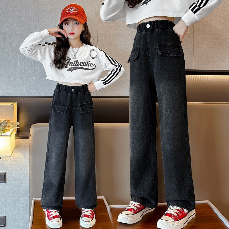 女童褲子春秋2023新款洋氣秋裝大童休閒闊腿褲兒童秋季外穿牛仔褲