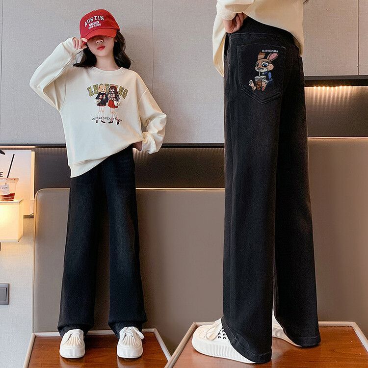 女童褲子兒童闊腿褲2023新款秋裝中學生寬鬆牛仔褲顯瘦百搭休閒褲