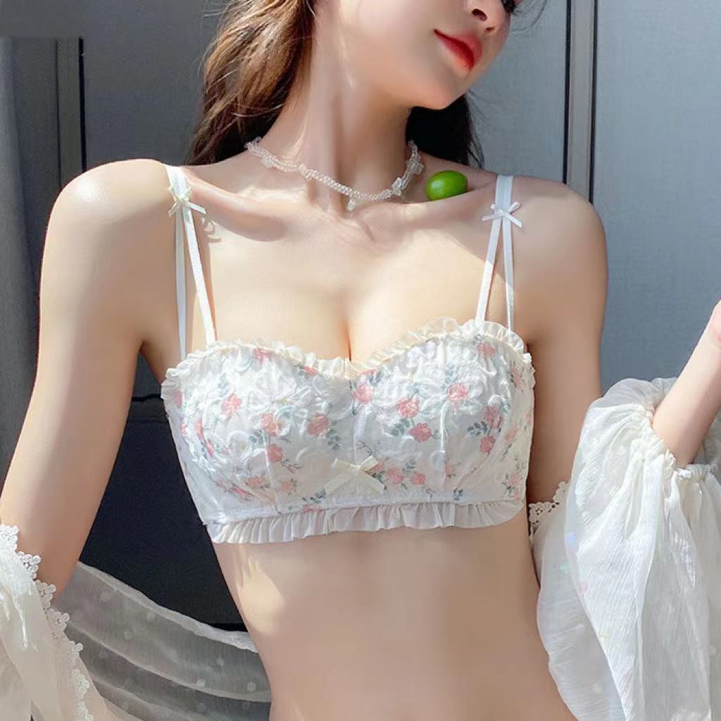 少女內衣小胸聚攏顯大無鋼圈多情貓無肩帶性感半杯文胸罩套裝夏天