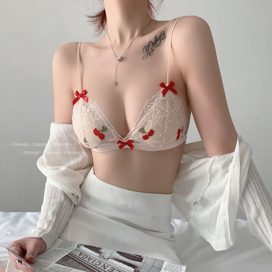 日系甜美純欲蕾絲內衣套裝女性感薄款大胸顯小文胸細帶無鋼圈胸罩