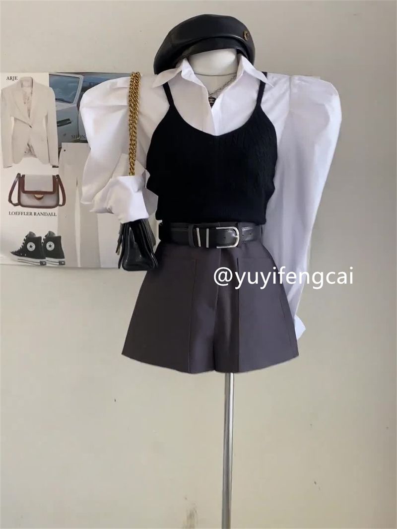 Autumn new Korean style royal sister's commuting outfit, a complete set of puff-sleeved shirts and suspenders, two-piece suit pants