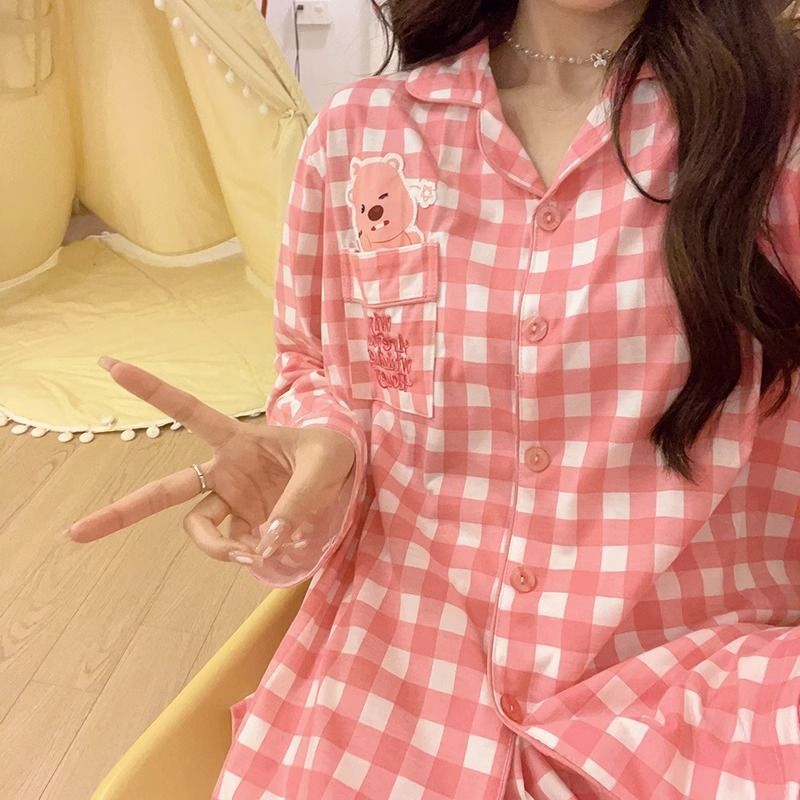 ins風可愛海狸露比格子睡衣女春秋季新款長袖長褲學生家居服套裝