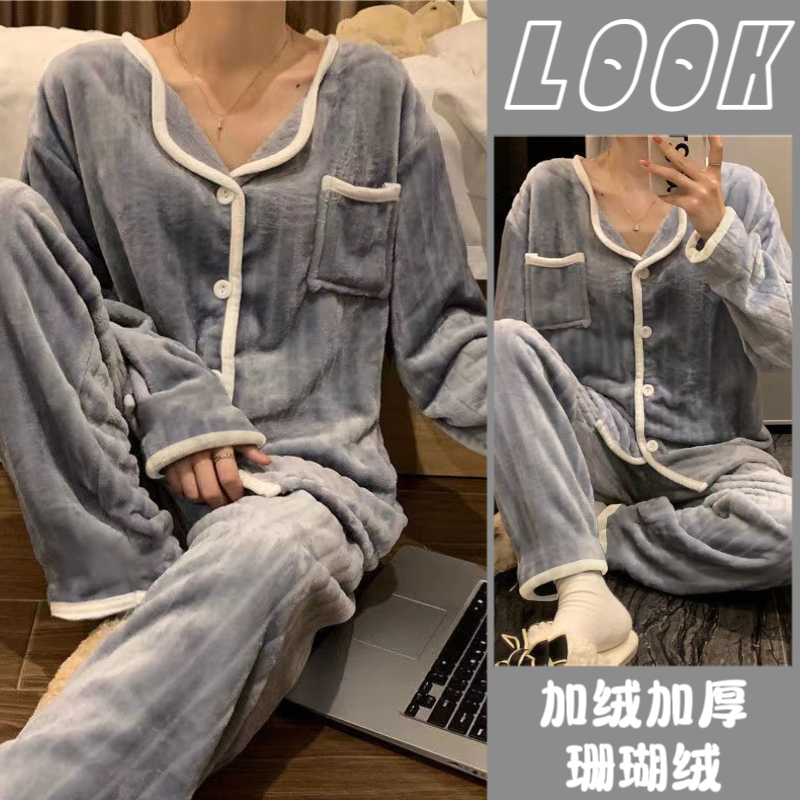 睡衣女法蘭絨秋冬季加厚可愛韓版可外穿學生宿舍珊瑚絨家居服套裝