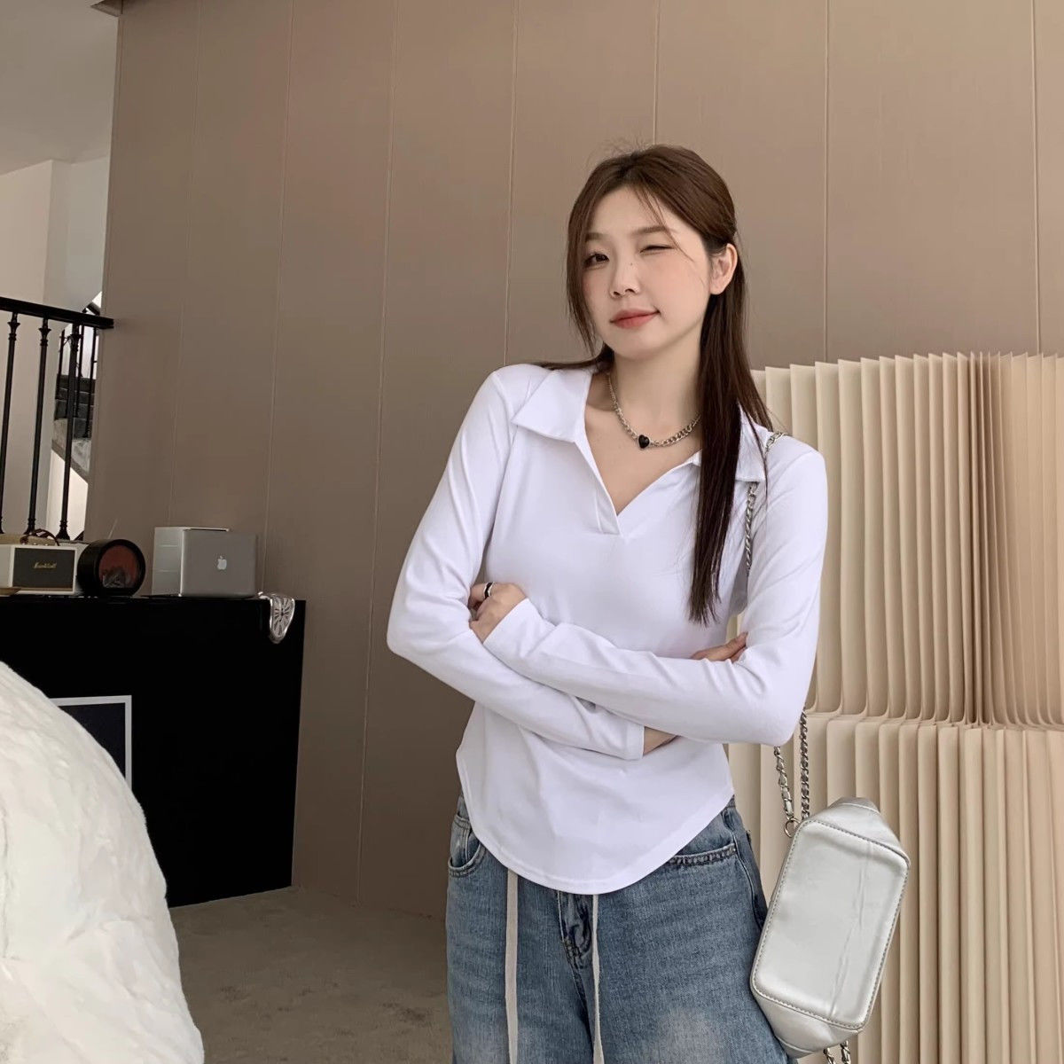 polo領純欲風長袖T恤女新款春秋設計感小眾修身內搭短款辣妹上衣