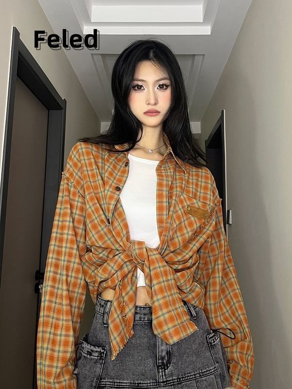 飛拉丹頓氛圍感長袖開衫格子襯衫外套男女設計感小眾休閒潮上衣