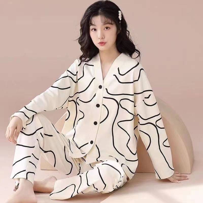 高檔100%純棉睡衣女春秋季長袖開衫甜美可愛全棉家居服可外穿套裝