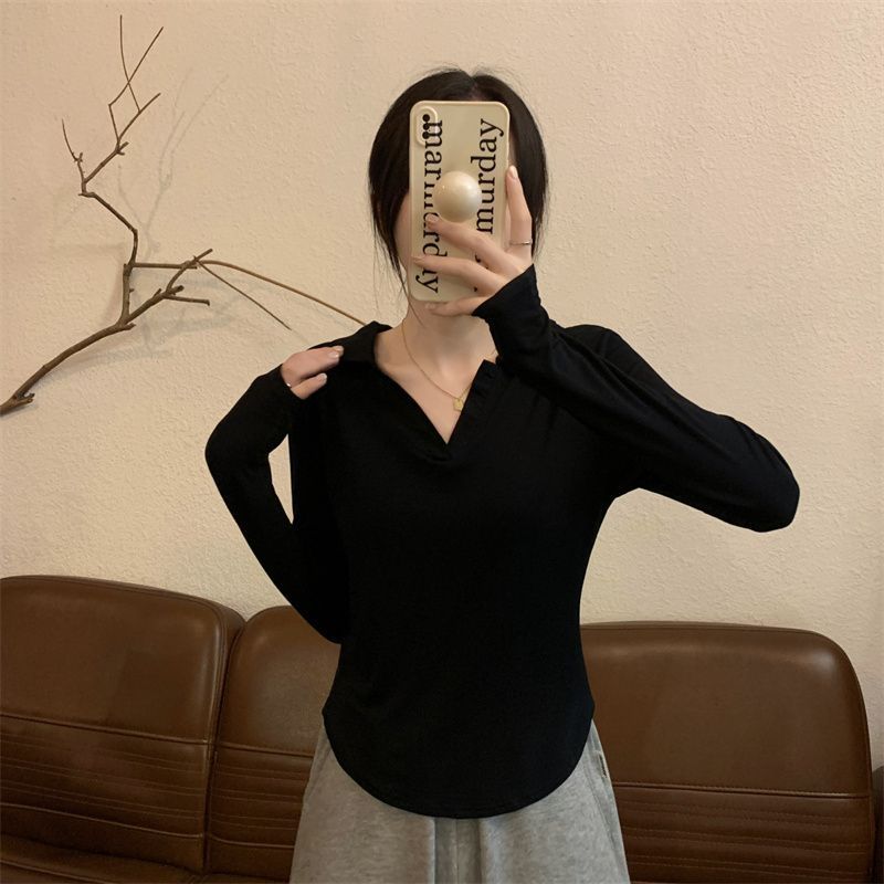 polo領純欲風長袖T恤女秋季2023新款辣妹設計感修身黑色短款上衣