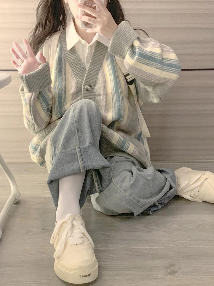 學院秋感小眾外套上衣新款2023風豎設計寬鬆女條紋開衫針織衫顯瘦