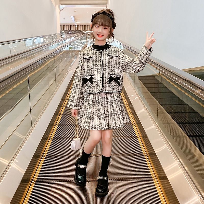 女童小香風連衣裙春秋2023新款洋氣時髦兒童裝套裝女孩網紅三件套