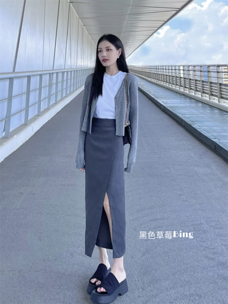 韓系復古簡約BM風修身顯瘦百搭短款針織開衫A字中長半身裙套裝女