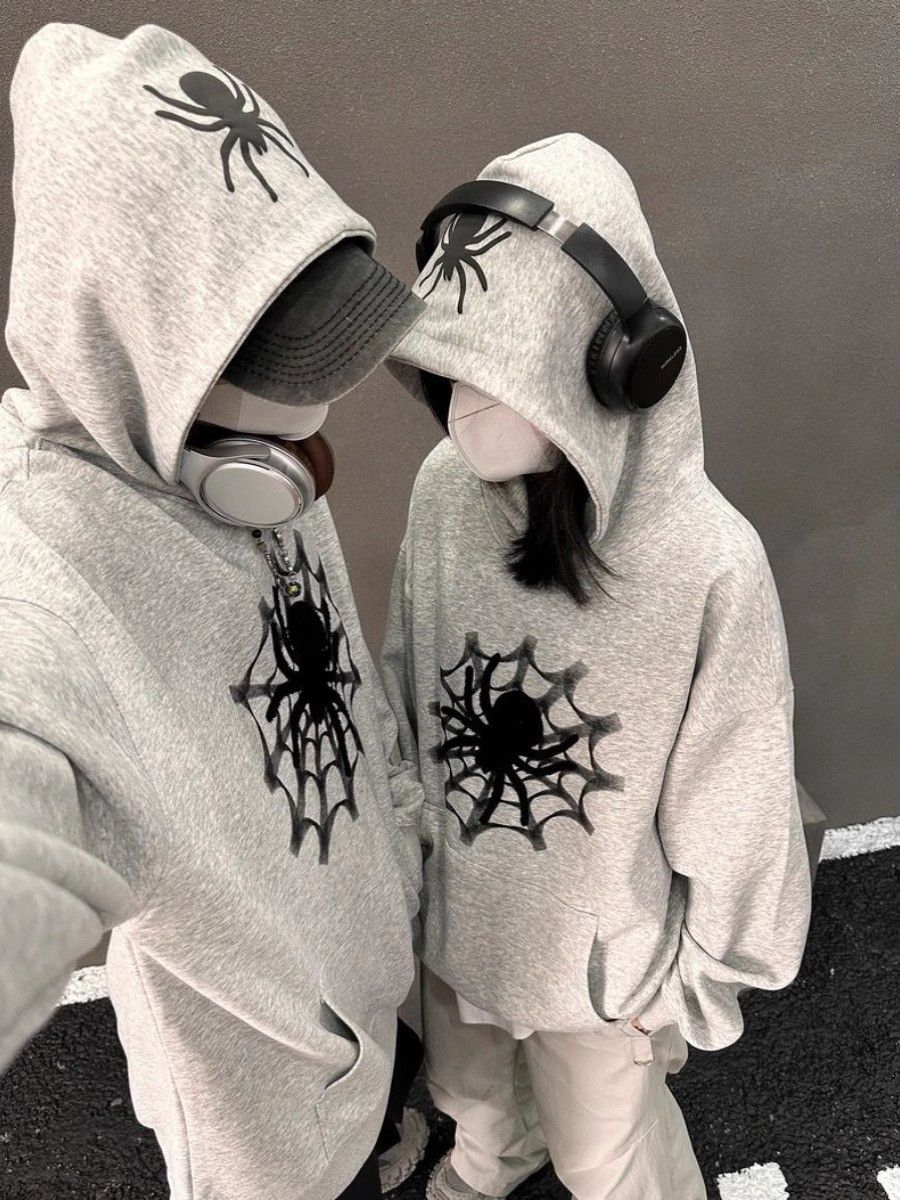 American retro trendy brand plus velvet spider hooded couple sweatshirts for men and women in autumn and winter loose casual slimming and versatile jackets