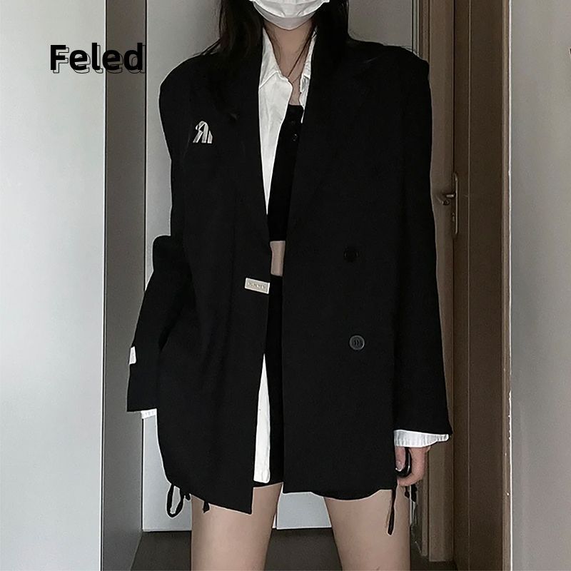 飛拉丹頓高級設計感黑色西裝外套男女早秋新款小眾寬鬆百搭潮上衣