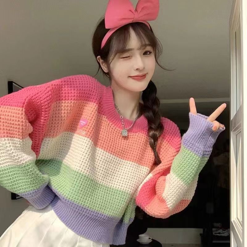 糖果色設計感撞色長袖套頭毛衣女新款小眾甜辣顯瘦短款毛線針織衫