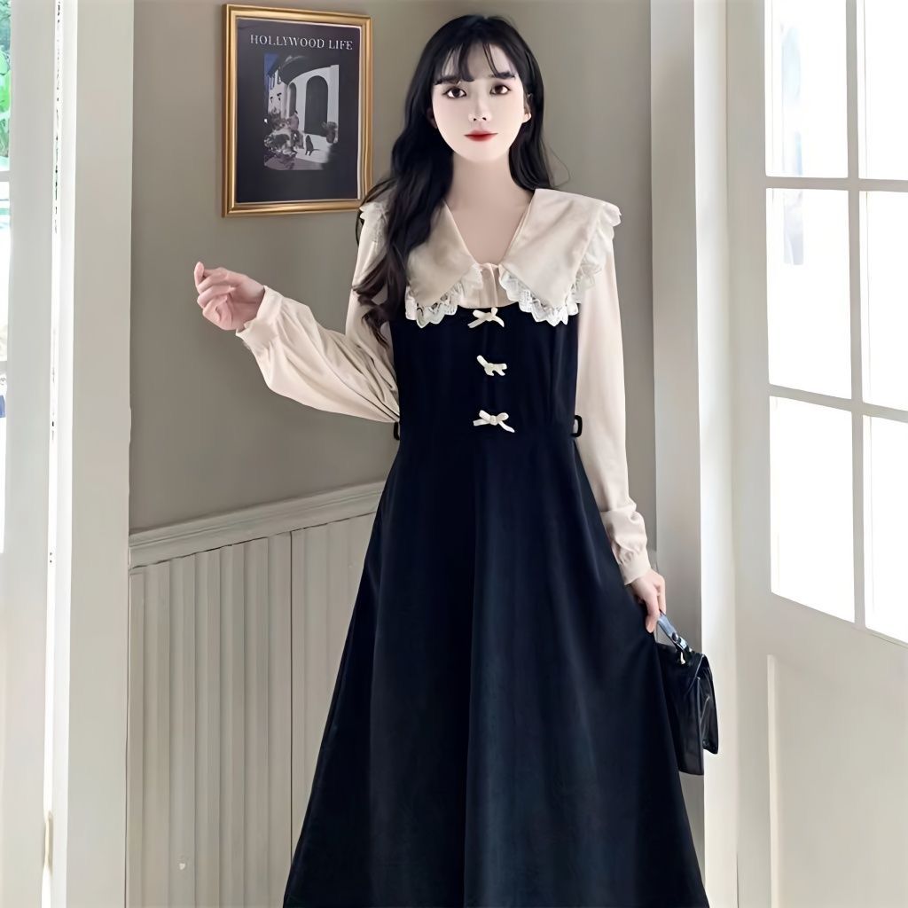 Spring and Autumn new dress long-sleeved plus size women's fat mm lace splicing fake two-piece high-waist slim dress