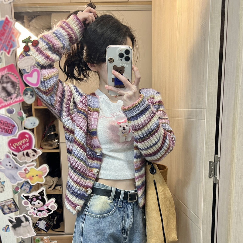 彩虹條紋針織開衫外套女甜辣v領毛衣洋氣學院風修身短款百搭上衣