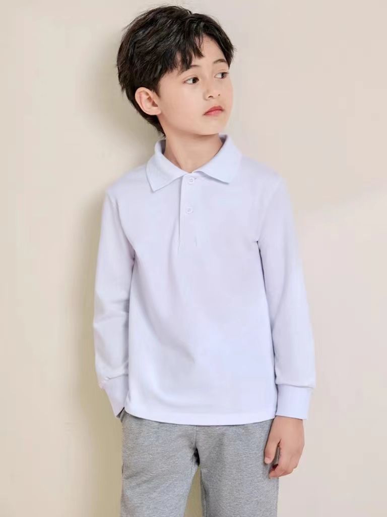 Boys' POLO shirts, children's long-sleeved girls' pure cotton T-shirts, white bottoming shirts for primary and secondary school students, spring and autumn school uniforms