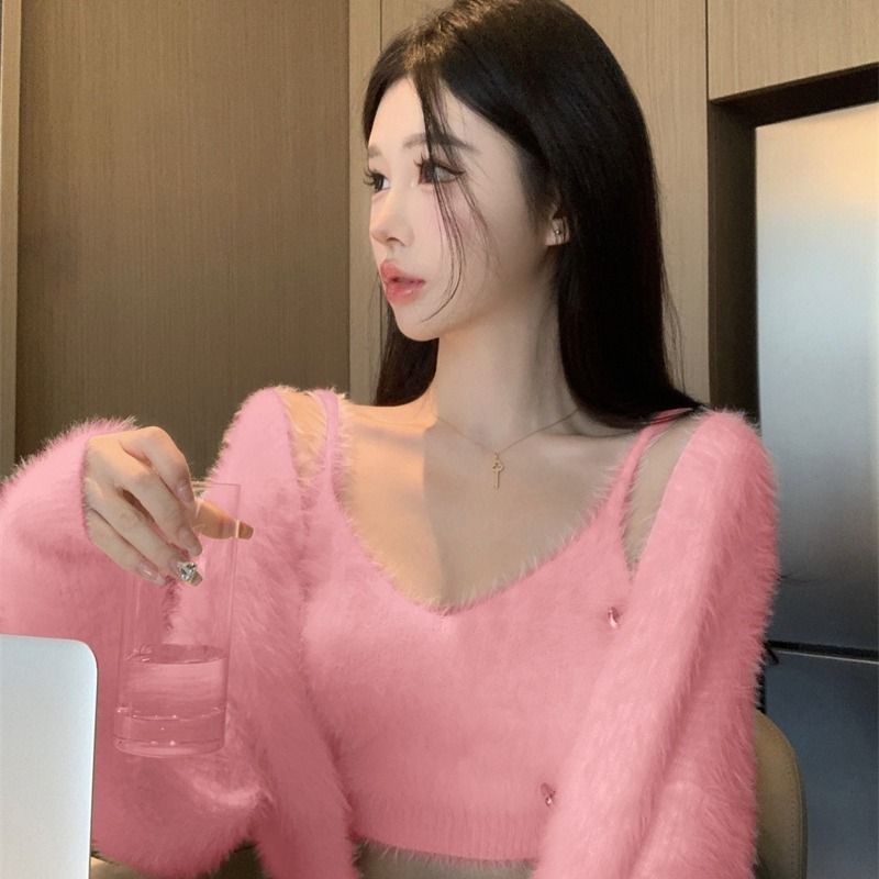 Pure desire gentle wind seahorse hair soft waxy knitted cardigan sweater short outer suit winter sexy camisole women's inner wear