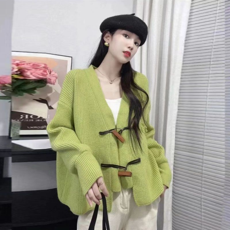 新款韓版網紅簡約牛角扣純色外套時尚潮流休閒洋氣好看的針織開衫