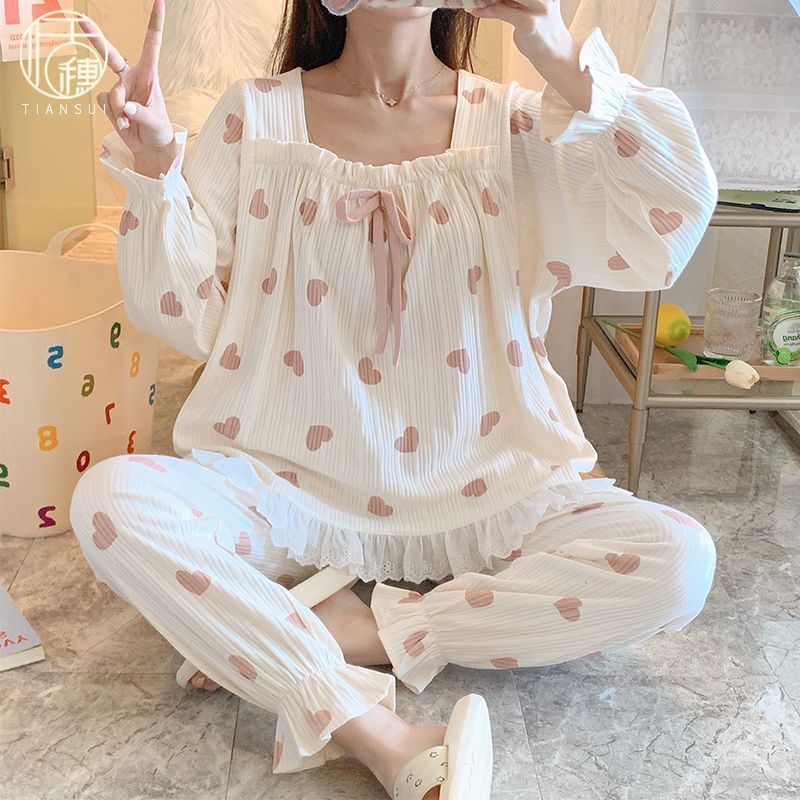 甜美公主風睡衣女款春秋季純棉長袖長褲兩件套心形薄款寬鬆家居服