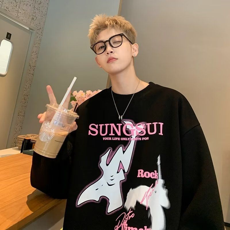 秋季圓領衛衣男美式復古潮牌塗鴉印花學院風ins百搭情侶裝上衣服