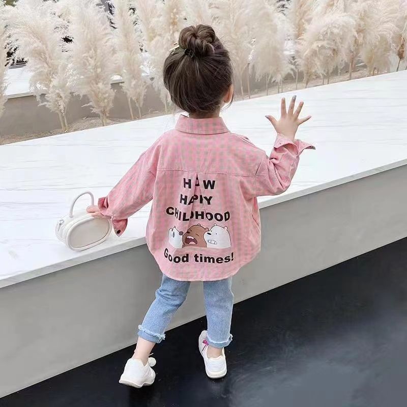 女寶寶襯衫外套2023新款春秋兒童洋氣格子襯衣女寶寶休閒卡通上衣