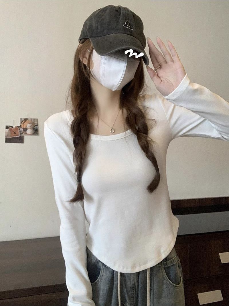 方領純棉長袖春秋t恤女胖mm白色短款打底U領顯瘦不規則上衣冬韓版