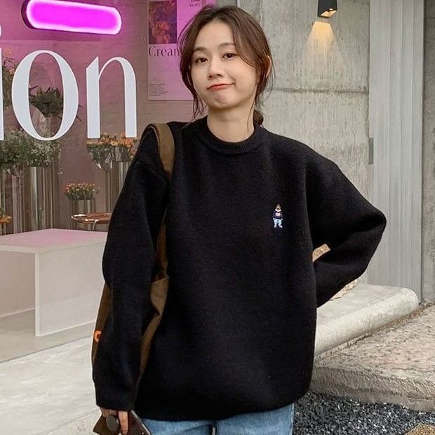 時尚保暖刺繡圓領套頭針織衫毛衣女2023韓版秋冬加厚寬鬆軟糯衛衣