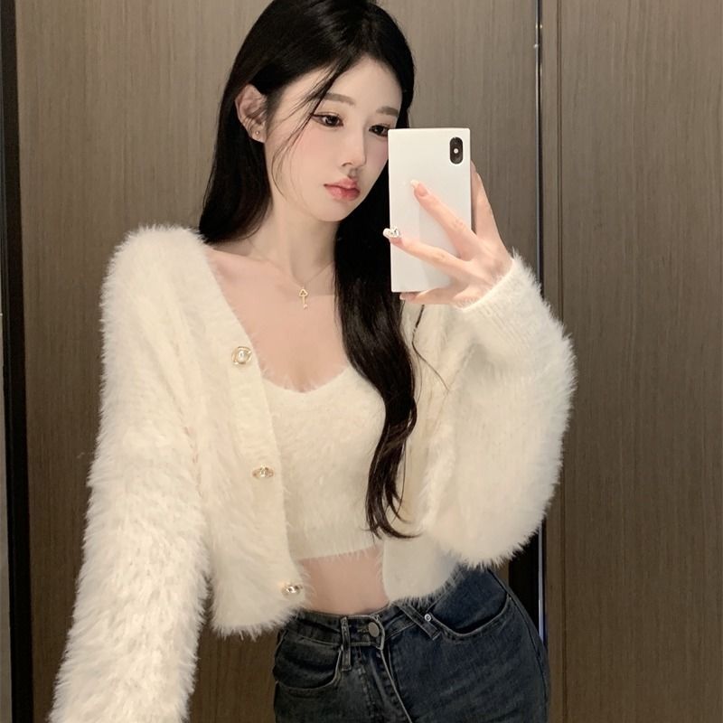 Pure desire gentle wind seahorse hair soft waxy knitted cardigan sweater short outer suit winter sexy camisole women's inner wear