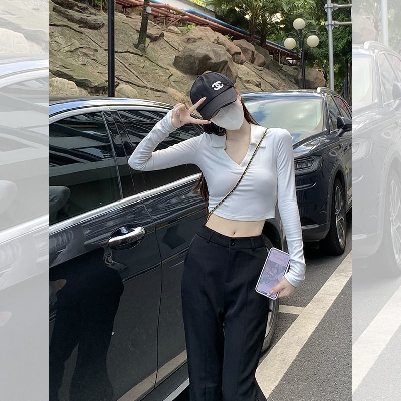 短款辣妹上衣白色打底衫polo領長袖正肩t恤女別致獨特小衫早秋ins
