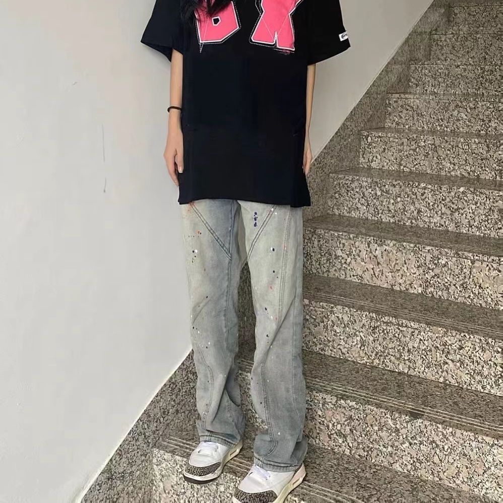 美式高街復古水洗潑墨塗鴉牛仔褲女新款高腰顯瘦百搭直筒潮流褲子