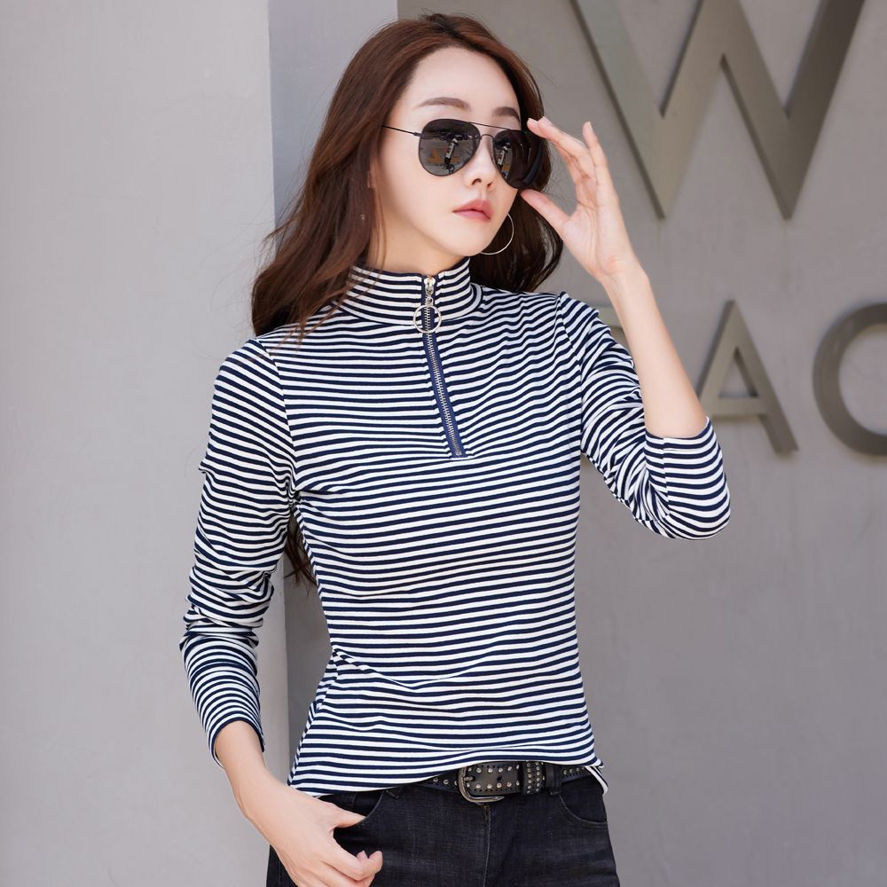 Pure cotton half-high collar bottoming shirt women's spring, autumn and winter 2023 inner wear autumn clothes stand collar zipper striped long-sleeved t-shirt top