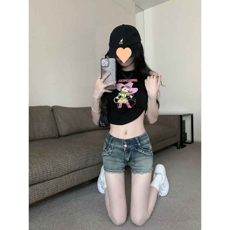 Summer American new hot girl denim shorts hot pants hip-covering slim jeans female hot girl design hot pants