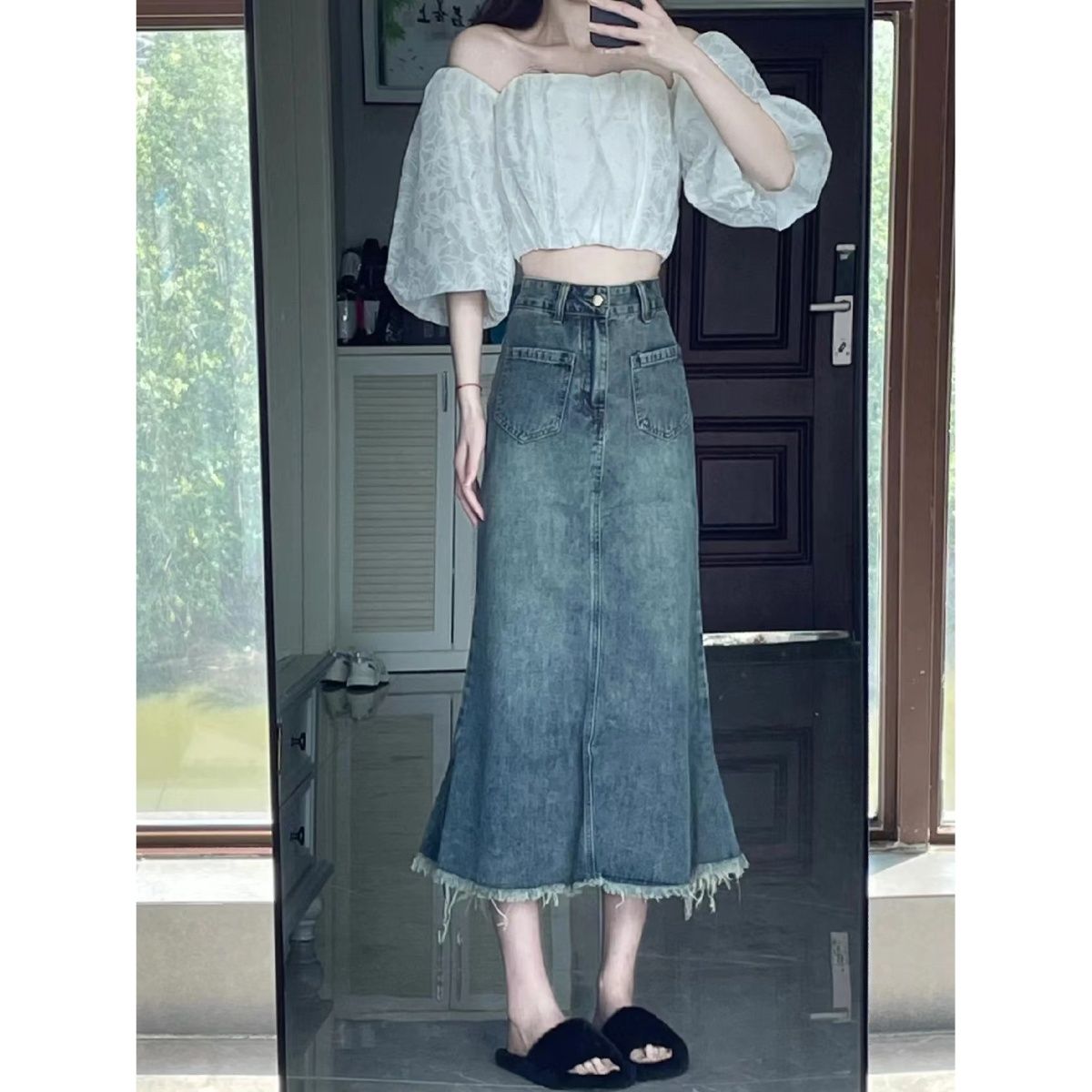 Retro large size denim skirt for women high waist loose fat mm design spring and autumn new style hip a line fishtail skirt