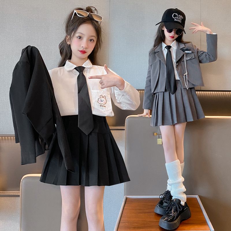 Girls' Autumn Clothes, College Style Western Style Small Suits, JK Uniform Suits, Korean Style Elementary School Pleated Skirts for Big Children and Girls