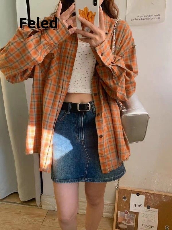 飛拉丹頓美式復古格子襯衫外套甜美男女氣質高級感防曬百搭襯衫