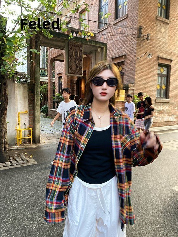 飛拉丹頓日系復古格子襯衫男女夏寬鬆撞色中長款襯衣oversize外套