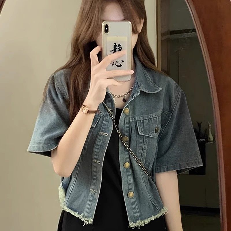 高級感美式毛邊短袖襯衫外套女夏季牛仔復古小個子短款襯衫外搭潮