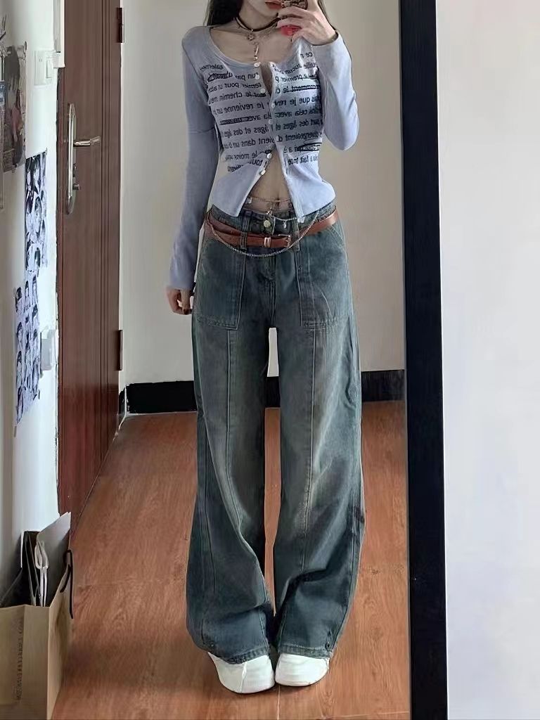 美式復古闊腿牛仔褲女春秋新款高街設計感寬鬆顯瘦高腰直筒拖地褲