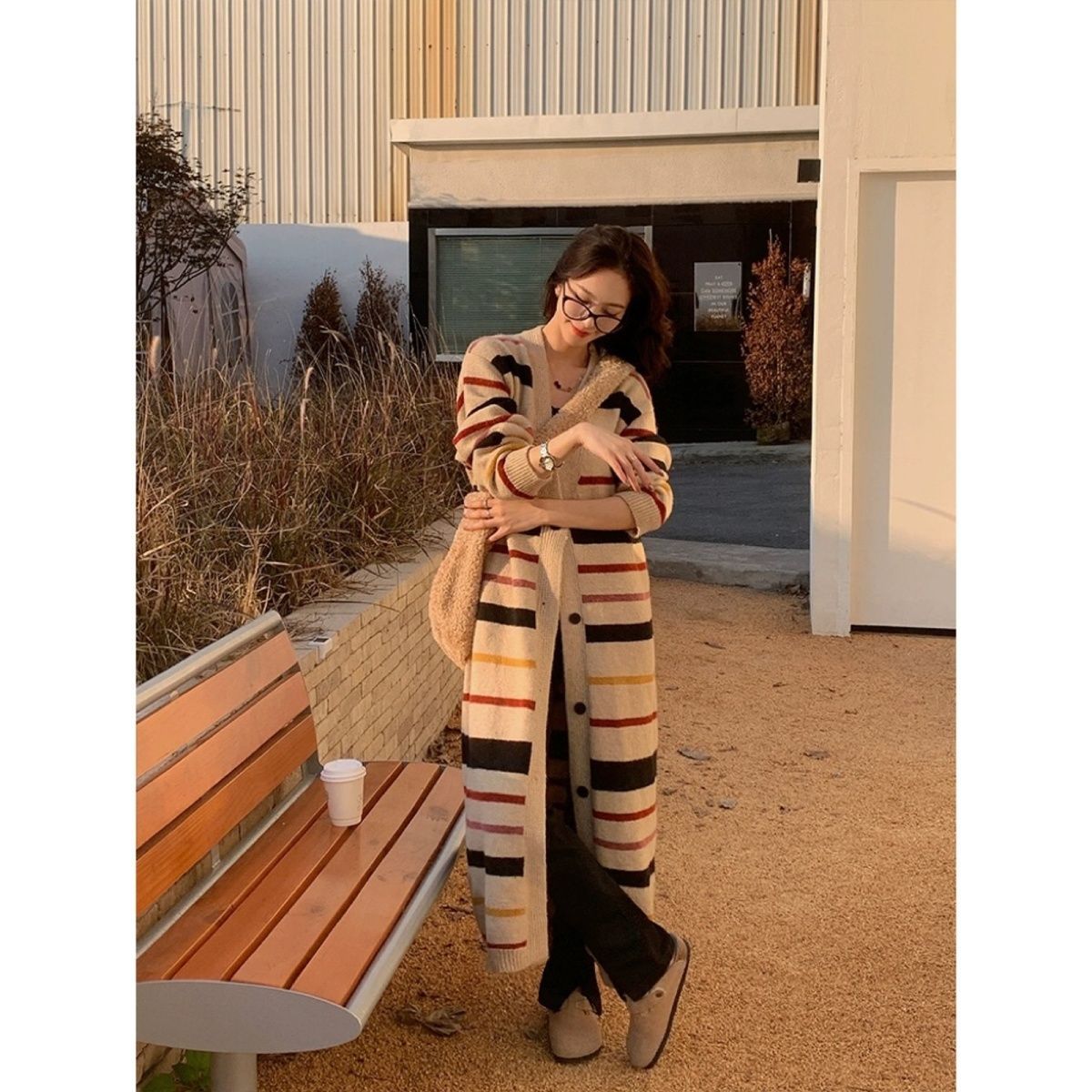 撞色條紋長款毛衣外套女2023春秋新款寬鬆韓版針織開衫外穿學院風