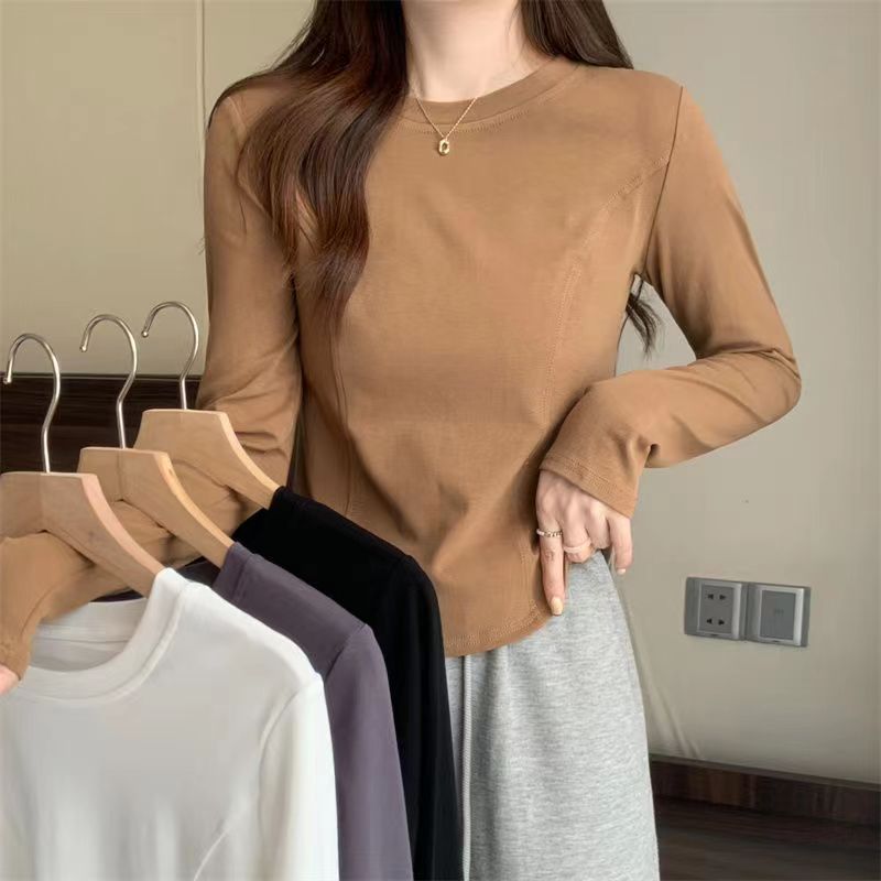 Large size fat mm long-sleeved t-shirt women's 2023 spring and autumn front shoulder slimming design sense niche inner bottoming shirt top tide