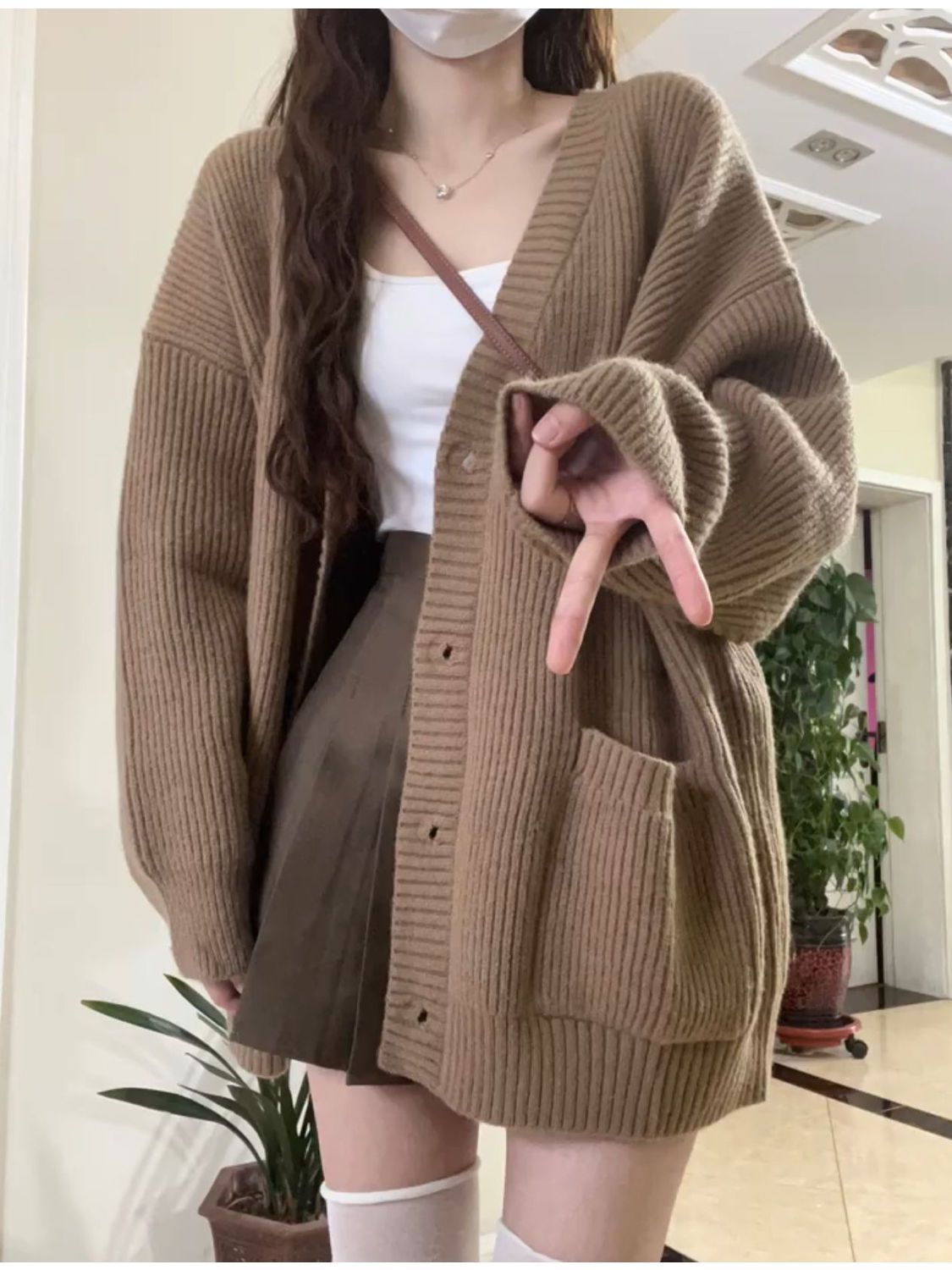 PROMONE高級感慵懶風毛衣開衫女外套秋冬韓版休閒寬鬆針織衫外搭