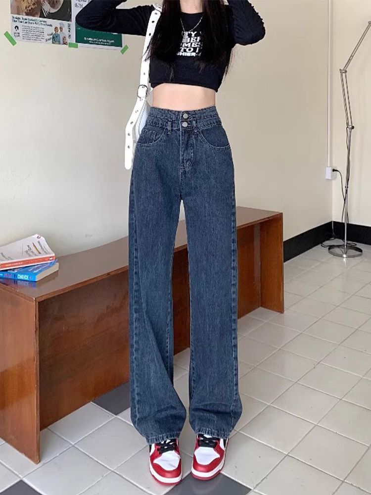 窄版直筒牛仔褲女秋季新款雙扣子高腰寬鬆闊腿顯瘦百搭拖地褲子潮