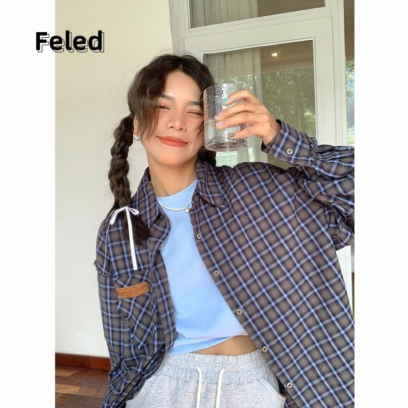 飛拉丹頓長袖襯衫男女美式復古格紋寬鬆ins潮流防曬襯衣休閒上衣