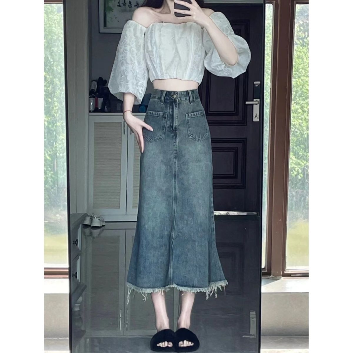 Retro large size denim skirt for women high waist loose fat mm design spring and autumn new style hip a line fishtail skirt