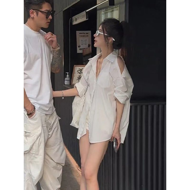 白色長袖露肩襯衫女2023新款小眾氣質法式輕熟慵懶風休閒翻領上衣