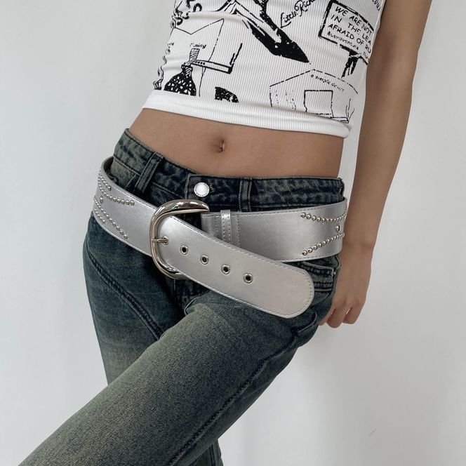 Cintura indossata stile punk in pelle con rivetti Y2K con dopamina argento personalizzata Spicy Girl_voghion.com